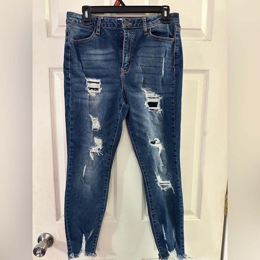 SO Women's Distressed Skinny Jeans - Dark Blue